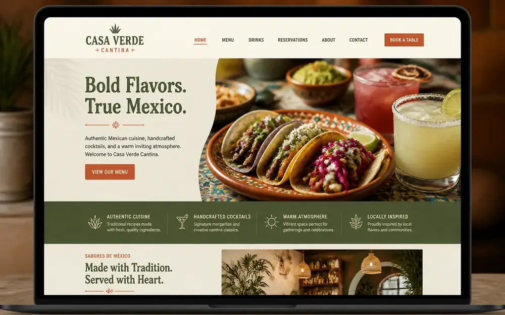 Custom website design by Elevate Web Studios for Casa Verde Cantina, a Mexican restaurant — featuring online menu highlights and reservation calls-to-action